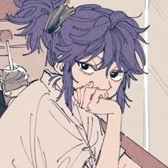 an anime character with purple hair sitting in front of a table and looking at the camera