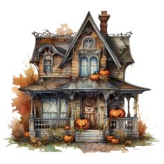 an old house with pumpkins on the porch and windows painted in watercolor by hand