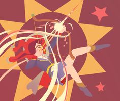 an illustration of a woman flying through the air with her arms outstretched and stars in the background