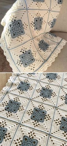 crocheted afghans with blue and white flowers are shown in two different pictures