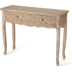 a wooden table with two drawers on one side and an ornate design on the other