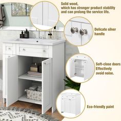 the bathroom vanity features all kinds of storage and options to store for it's contents