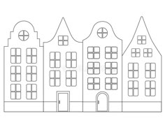 a line drawing of three buildings with windows