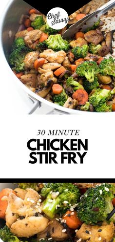 chicken stir fry with broccoli, carrots and mushrooms in a skillet