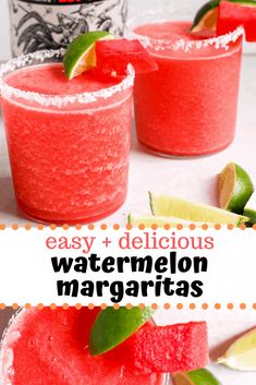 two glasses filled with watermelon margaritas on top of a table