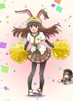 an anime character with long brown hair and bunny ears wearing a cheerleader outfit, standing in front of confetti