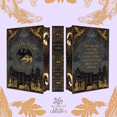 the front and back covers of an illustrated book with gold leaf designs on purple background