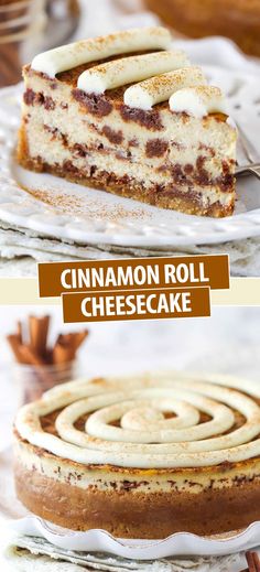 cinnamon roll cheesecake on a cake plate