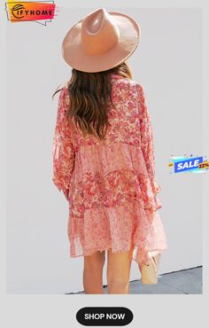 Pink Bubble Sleeve Floral Print Dress Summer V-neck Long Sleeve Dress For Daywear, Spring Vacation Long Sleeve Mini Dress, Long Sleeve Mini Dress For Spring Vacation, Spring Bohemian Chiffon Midi Dress, Spring Daywear Shift Mini Dress, Pink Chiffon Dress For Fall, Pink Long Sleeve Chiffon Mini Dress, Long Sleeve Summer Daywear Dresses, Long Sleeve Shift Dress For Beach