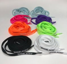 This listing is for 1 pair of Off White replacement laces. These are the closest to the original Off White laces.  - Choose from 8 different colors:   Neon Green   Neon Orange   Black    White   Purple   Hot Pink   Light Blue / White Text   Light Blue / Black Text- Our laces use high quality silicone heat press to stamp the “SHOELACES” text on. No other company offers this feature. - More durable than competitors using cheap screen printing for text - Length is 54 inches or 63 inches - Cotton La Dallas Cowboys Shoes, Plastic Lace, Cowboy Shoes, Green Neon, Mens Tie, Pink Light, Tie Shoes, Neon Orange, Iphone Cover