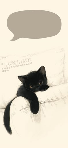 a black cat laying on top of a couch with a speech bubble above it's head