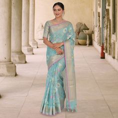 Delicate And Beautiful, This Banaras Kota Tilfi Jaal Work Indian Sari Is Perfect For Any Special Occasion. The Stunning Sky Blue Hue Is Adorned With A Intricate Floral Weave, While The Silver Border Adds A Touch Of Elegance. The Blouse Is Stitched And Ready To Wear, Making This Sari A Breeze To Style. Whether You're Attending A Wedding Or Another Formal Event, This Sari Is Sure To Make You Stand Out From The Crowd. Fall And Pico - Done Blouse Stitched. Blue Sarees, Sky Blue Saree, Purple Formal Dress, Long Fall Dresses, 60 Dress, Blue Silk Saree, Lulus Maxi Dress, Indian Sari Dress, Wedding Sari