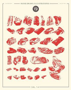 the cover of hand drawn illustrations vol 2, featuring various types of meats and vegetables