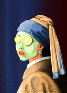 a painting of a woman with a green face mask and a blue scarf on her head