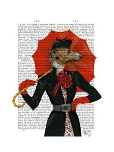 a dog dressed in black and holding an umbrella with red flowers on it's neck