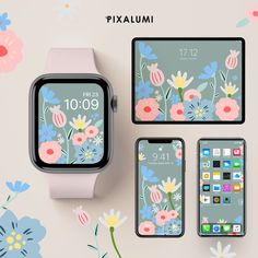 an iphone, watch and other electronic devices are arranged on a floral wallpaper background