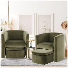 a living room with two green chairs and a foot stool in front of the chair