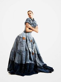 a woman in a dress made out of jeans