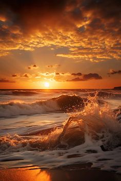 the sun is setting over the ocean with waves crashing in front of it and an orange sky