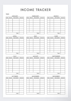 the printable income tracker is shown in black and white