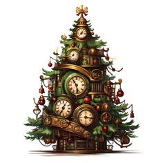 a christmas tree with clocks and bells on it's sides in front of a white background