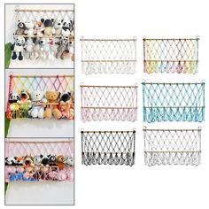 multicolored toy storage rack with stuffed animals and teddy bears on it, hanging from the wall