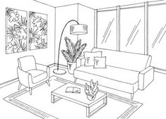 a line drawing of a living room with couches, coffee table and potted plant