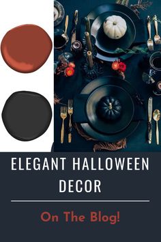 an elegant halloween table setting with black plates and silverware