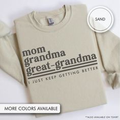 Celebrate the joy of grandparenthood with our Mom Grandma Great Grandma sweatshirt - perfect for every great grandmother, whether he's a seasoned pro or just stepping into his new role!   👚 UNISEX Gildan 18000 Sweatshirt 👚 * Our sweatshirts are printed with high-quality, vibrant designs that last - no vinyl or stickers here! We print directly onto the fabric, so the ink absorbs beautifully, creating that charming vintage vibe you'll love. * Sizing Tip: Lay your favorite sweatshirt flat and measure across (armpit to armpit) and from top to bottom. Then, check out our size chart for the perfect fit! * These are unisex sweatshirts, so they're not fitted like typical women's styles. Want a more snug fit? We recommend sizing down. For that trendy oversized look, go up 2 sizes.   🛠️ MATERIAL Mom Grandma Great Grandma, Birthday Presents For Grandma, Grandma Sweatshirt, Great Grandma Gifts, Baby Mom, Great Grandma, Mom And Grandma, Vintage Vibe, Mother In Law