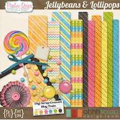 an assortment of colorful papers with candy and lollipops on them for scrapping