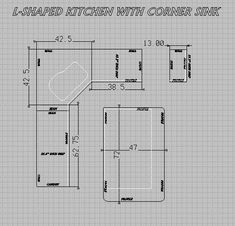 the floor plan for a kitchen with corner sink and countertop, shown in blueprint