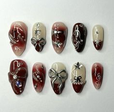 Bayonetta Nails, Coquette Instagram, Stars Glitter, Pretty Ribbon, Nails Cute, Y2k Nails