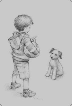 a drawing of a little boy and his dog looking at something in the distance with one hand