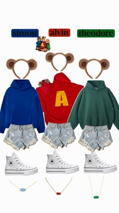 three outfits with ears, hoodie and sneakers are shown in front of a white background