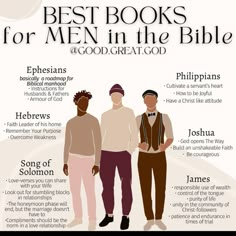 three men standing next to each other with the words best books for men in the bible