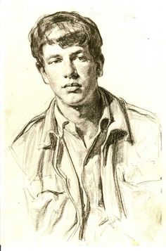 a black and white drawing of a young man with short hair wearing a button up shirt