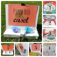 a collage of photos with pizza box easel and other items to make it