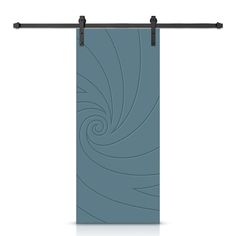 a blue door with black handles and an abstract swirl design on the front, hanging from a metal bar