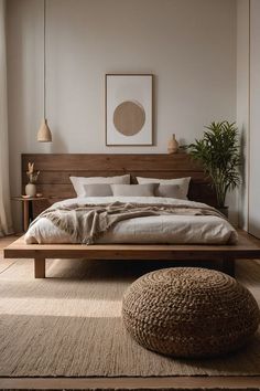 a large bed sitting on top of a wooden floor