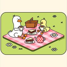 two ducks are sitting on a picnic blanket with food and drinks in front of them