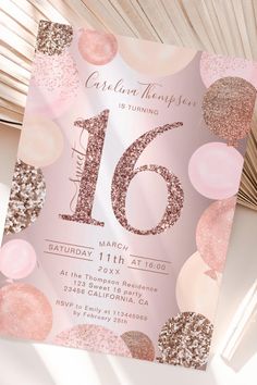 a pink and gold 16th birthday party with confetti, balloons and streamers