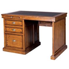 a wooden desk with two drawers and a black top on the bottom shelf, against a white background