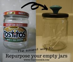 an empty glass jar with toothbrushes in it and the caption reads, the earliest way to repurpose your empty jars