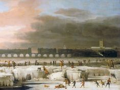 a painting of people playing in the snow and ice by a river with a bridge