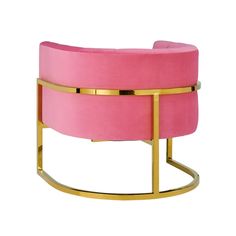 a pink chair with gold accents and a round foot rest in front of a white background