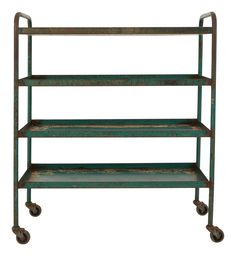 a three tiered metal cart with wheels on it's sides and four shelves