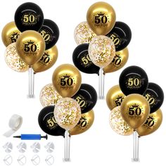 black and gold 50th birthday balloons on sticks with confetti poppers in the middle