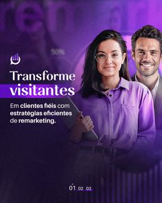 two people standing next to each other in front of a purple background with the words transforme