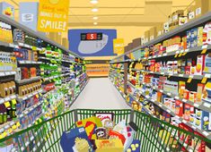 an image of a grocery store aisle filled with food and drink items, including milk