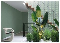 there is a plant in the middle of this room with green walls and flooring